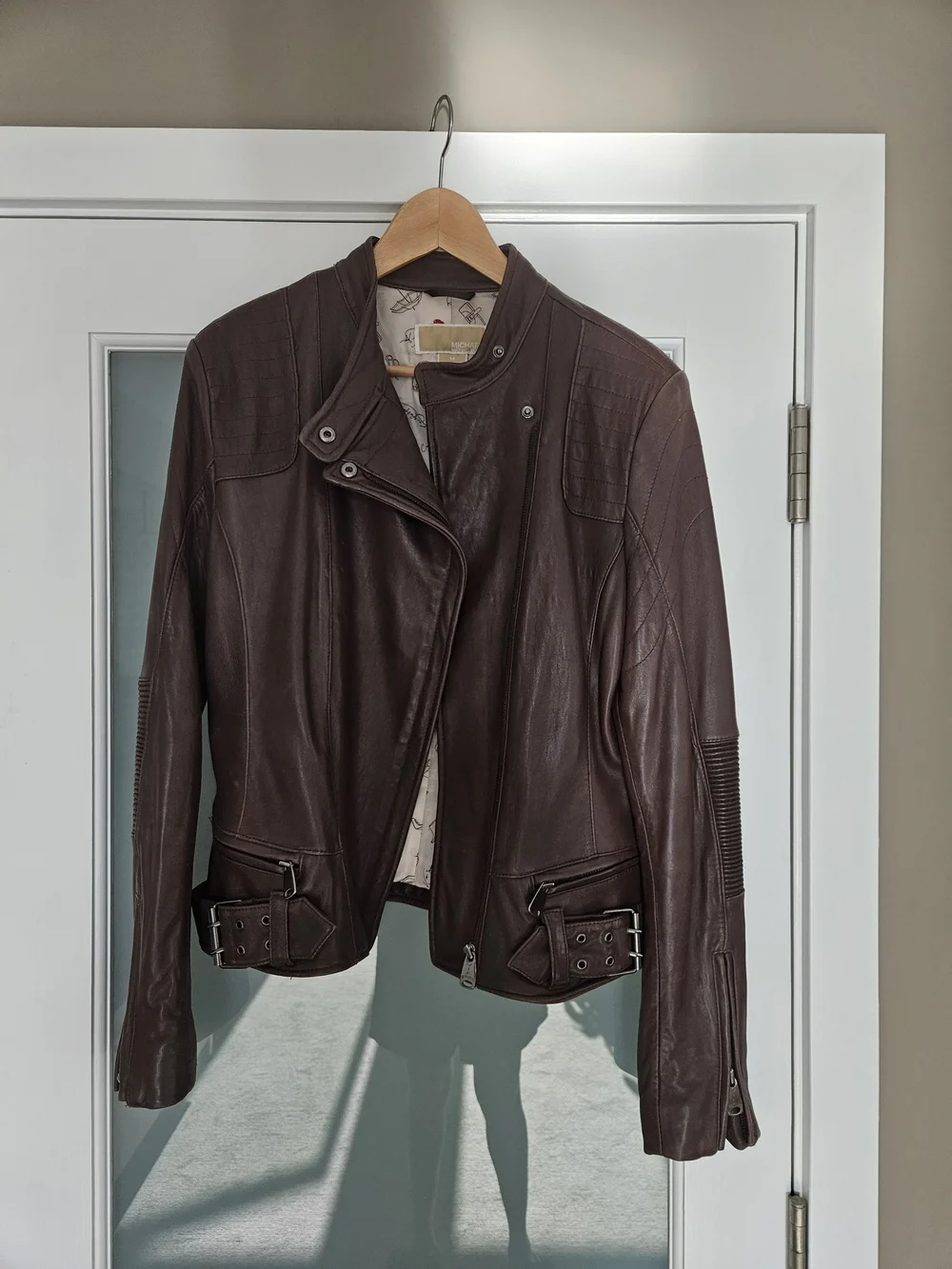 MICHAEL KORS 100% Lambskin Leather Moto Jacket - Chocolate Brown
